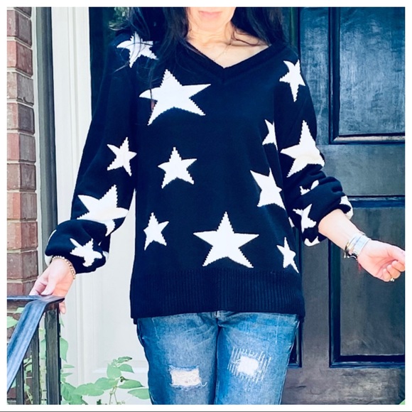 FALL MUST HAVE BLACK V NECK STAR SWEATER - Picture 9 of 15